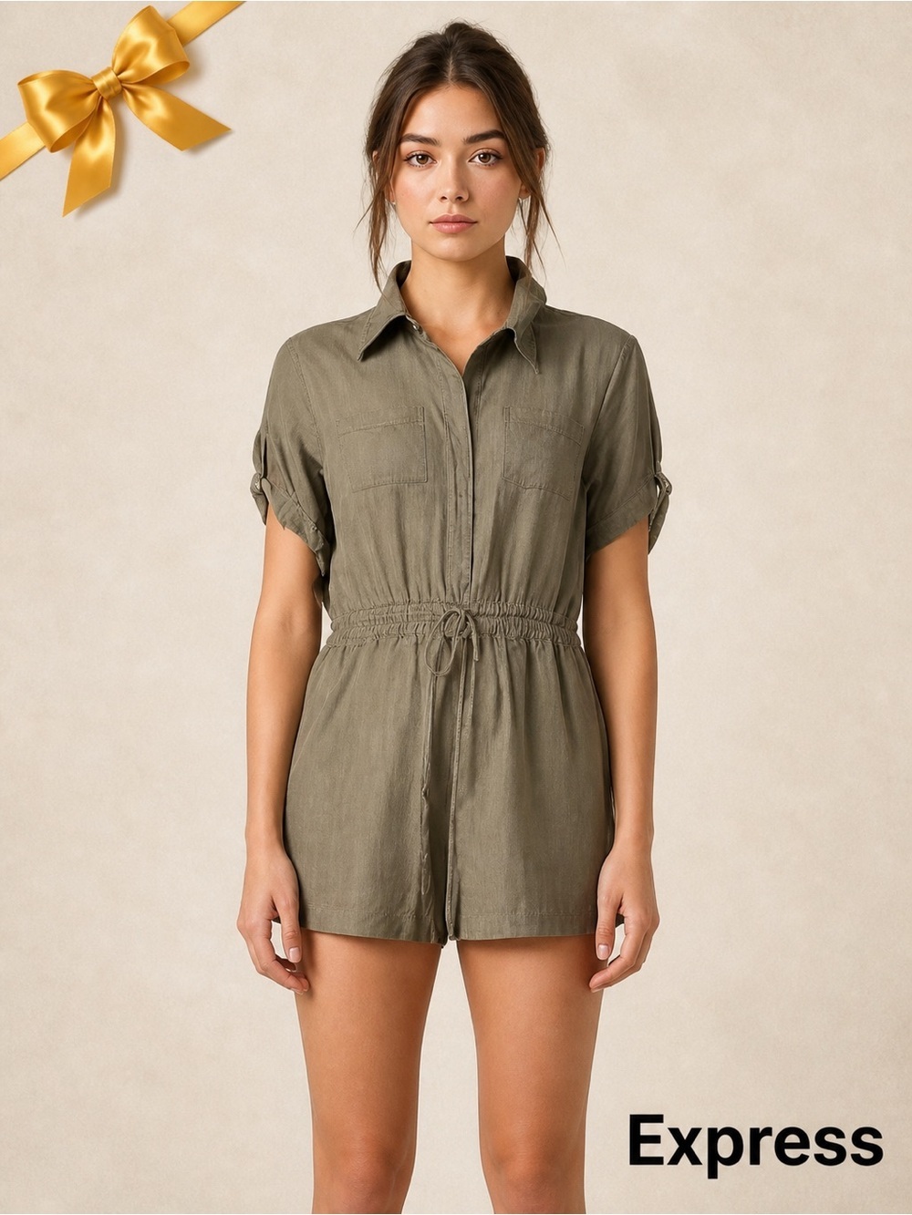 Express Olive Utility Romper Women’s SP Drawstring Short Sleeve Safari One Piece